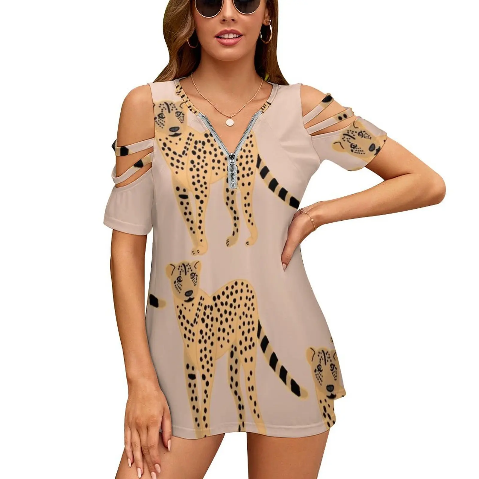 Cheetah-Cartoon Women's T-Shirt Summer Fashion Print Floral V-Neck Zipper Tshirt Hollow Pullover Ladies Top Cheetah Cheetahs