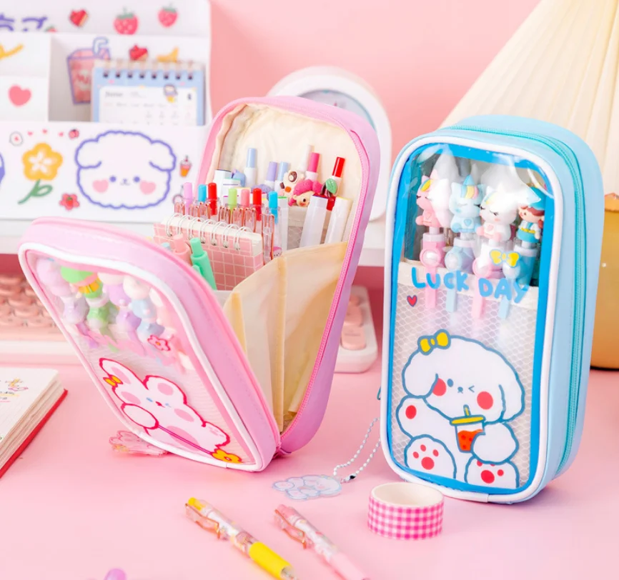 Ins New Kawaii Pencil Case Transparent Large-capacity Student Pencil Case Cute Girl Creative Simple Pencil Case Stationery Bags