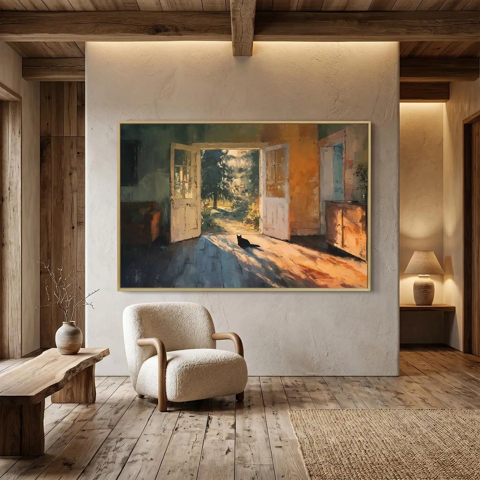 Modern Golden Morning Light Canvas Poster Unframed Minimalist Open Door, Black Cat Canvas Wall Art for Living Room Bedroom Decor