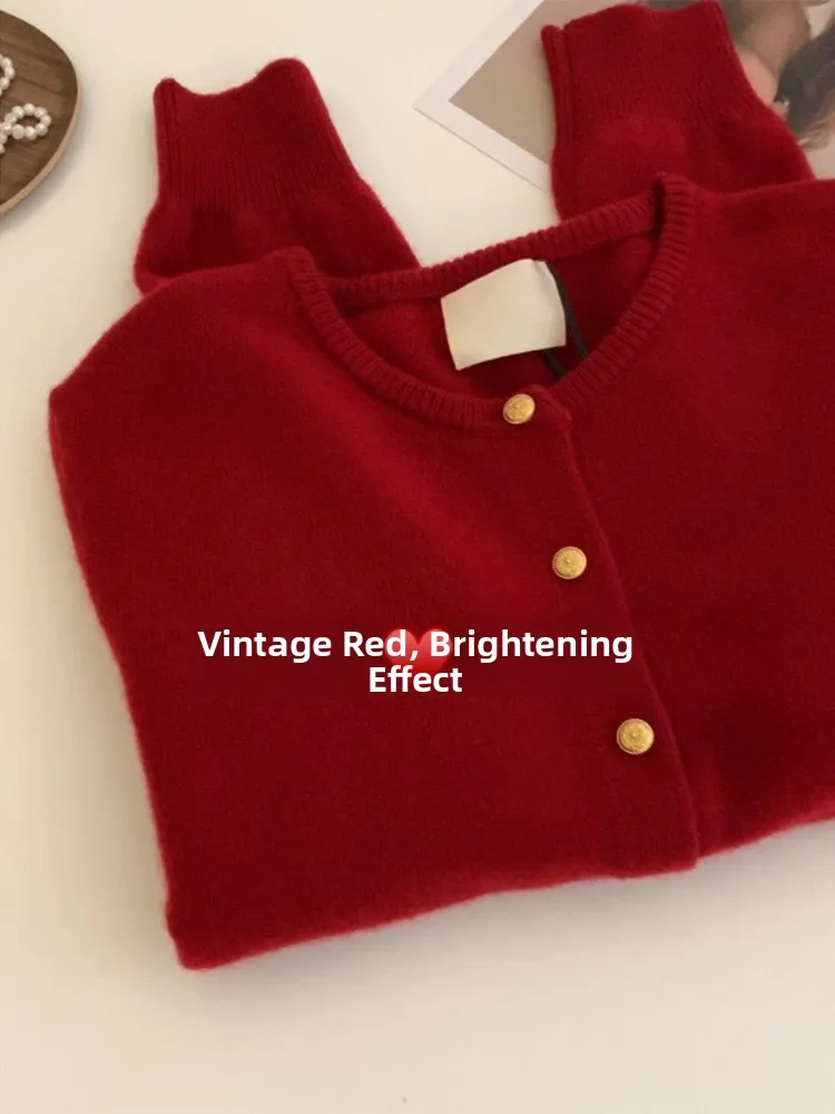 

Red Bear Velvet Knitted Sweater Coat Women's Spring 2026 New Vintage Soft Lazy Knitting Top Sweet Style Loose Fit Long Sleeve
