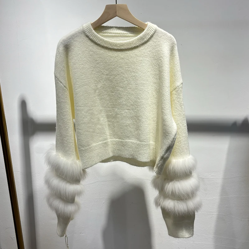 เสื้อสเวตเตอร์ขนสัตว์คลาสสิกคอโอสำหรับผู้หญิง ฤดูใบไม้ร่วง ปี 2025 สีเทา ขนฟ็อกซ์ธรรมชาติ หนา ถักสำหรับสาวๆ