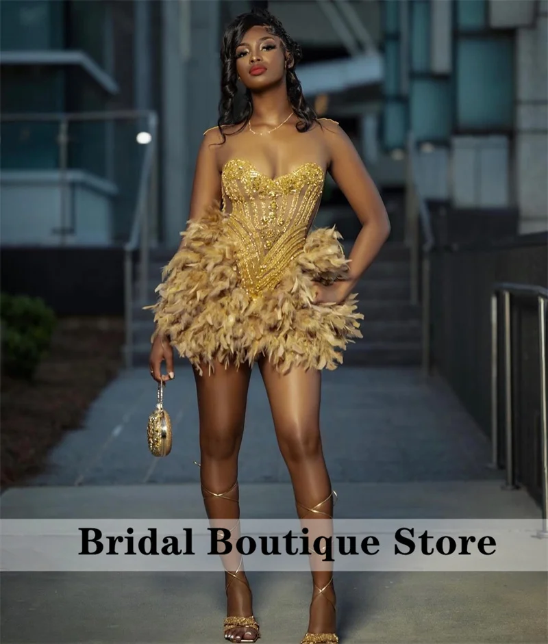 

Sparkly Gold Short Prom Dress 2024 Glitter Bead Crystals Rhinestones Feathers Cocktail Birthday Party Gown Homecoming