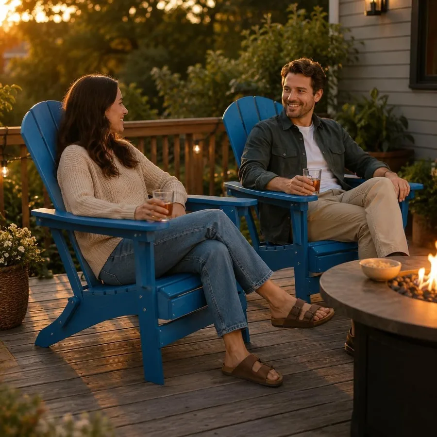 Set of 2 Folding HDPE Adirondack Chairs with Cup Holders for Outdoor Use, Blue, Weather-Resistant and Lightweight