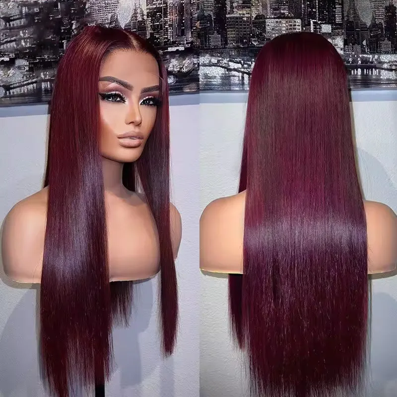 Peluca de pelo liso rojo oscuro 99J, peluca con malla frontal transparente 13x4, peluca de cabello humano 100% prearrancada de 180 de densidad para mujeres