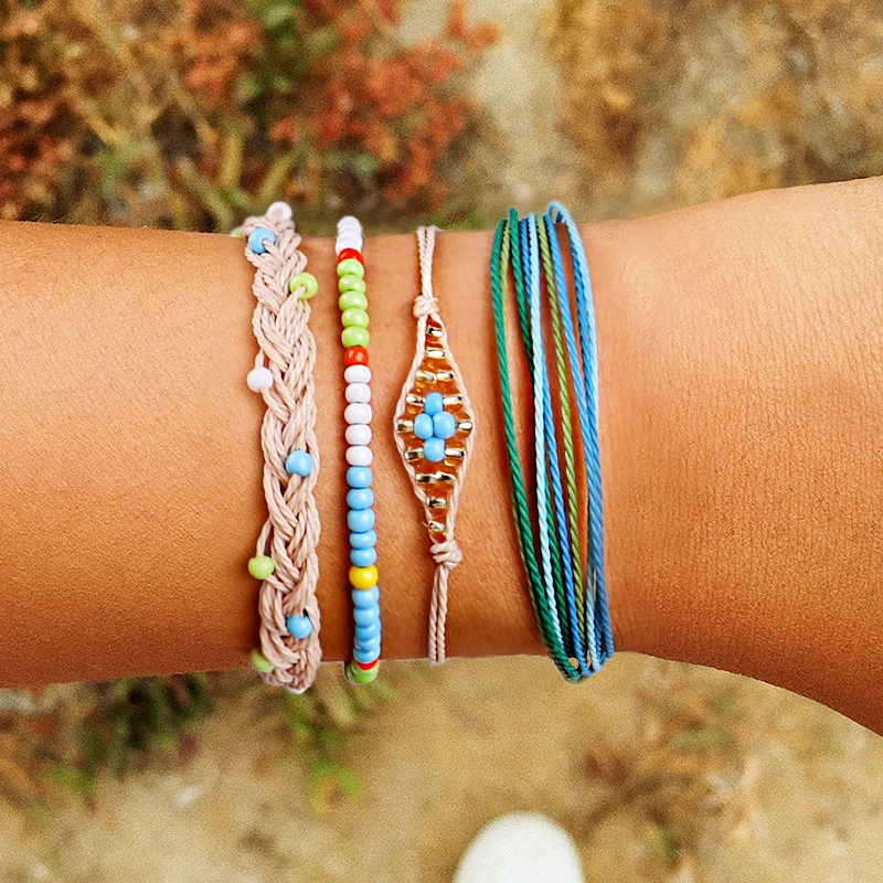 4-piece/set Bohemian Style Colorful Bead Hand Woven Bracelet for Women Fashion Personalized Bangle Jewelry Accessories Wholesale