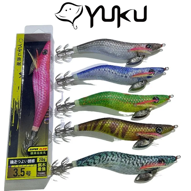 Yuku Night Glow 3.5 3.0 2.5 2.2 1.8 Señuelo de pesca de madera luminosa a cuadros para camarones, calamares, EGI, JIG, y señuelo de seda suave para calamares con anzuelo