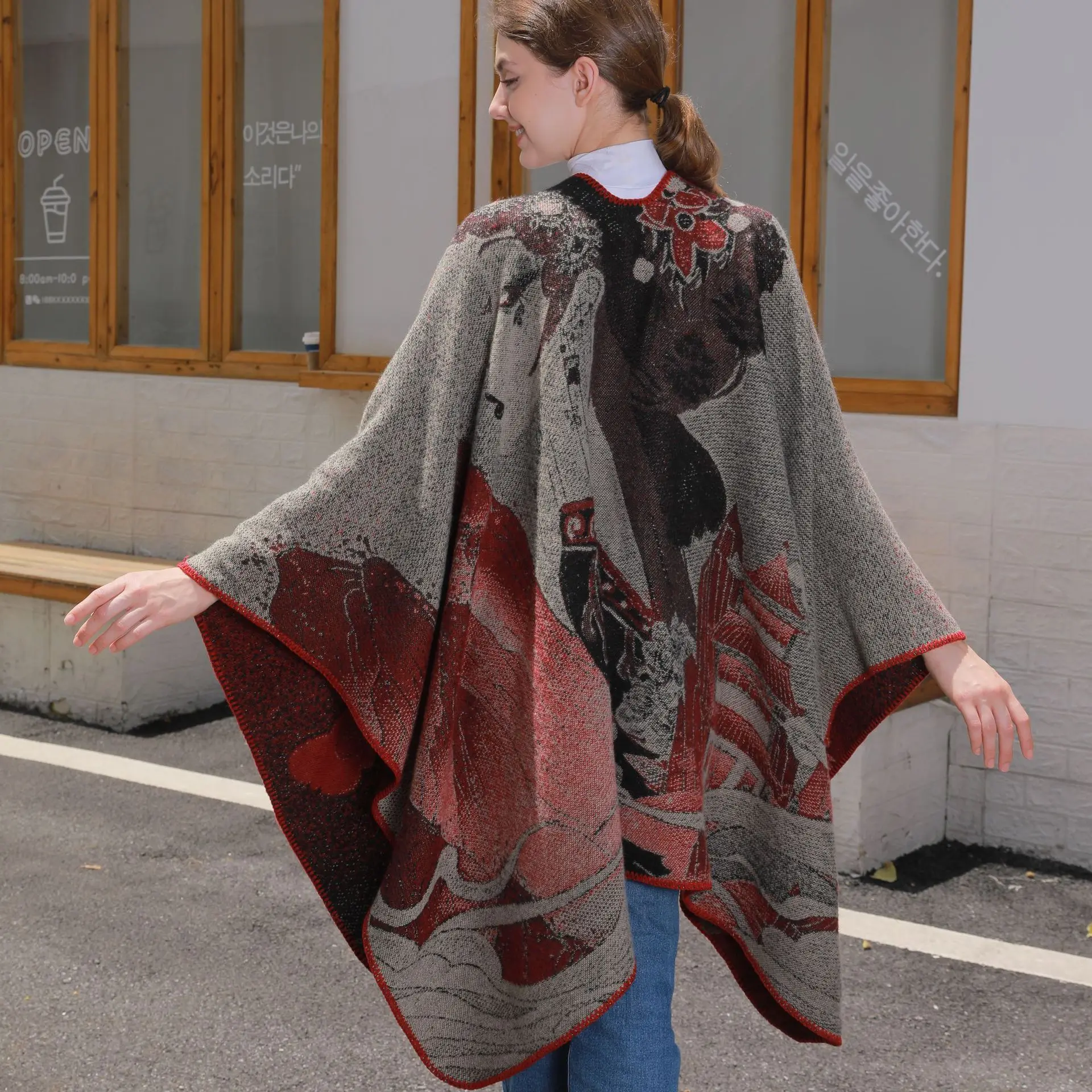 6 Colors Female Split Long Thicken Jacquard Cloak Air Conditioning Blanket Women Printed Chinese Style Big Pendulum Poncho Shawl