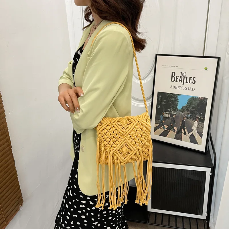 Neue Strohs ack böhmische Quaste Strand tasche Frauen häkeln Fransen Cross body ultraleichte Umhängetasche Frauen kleine Bolsos Feminina – Detail 26