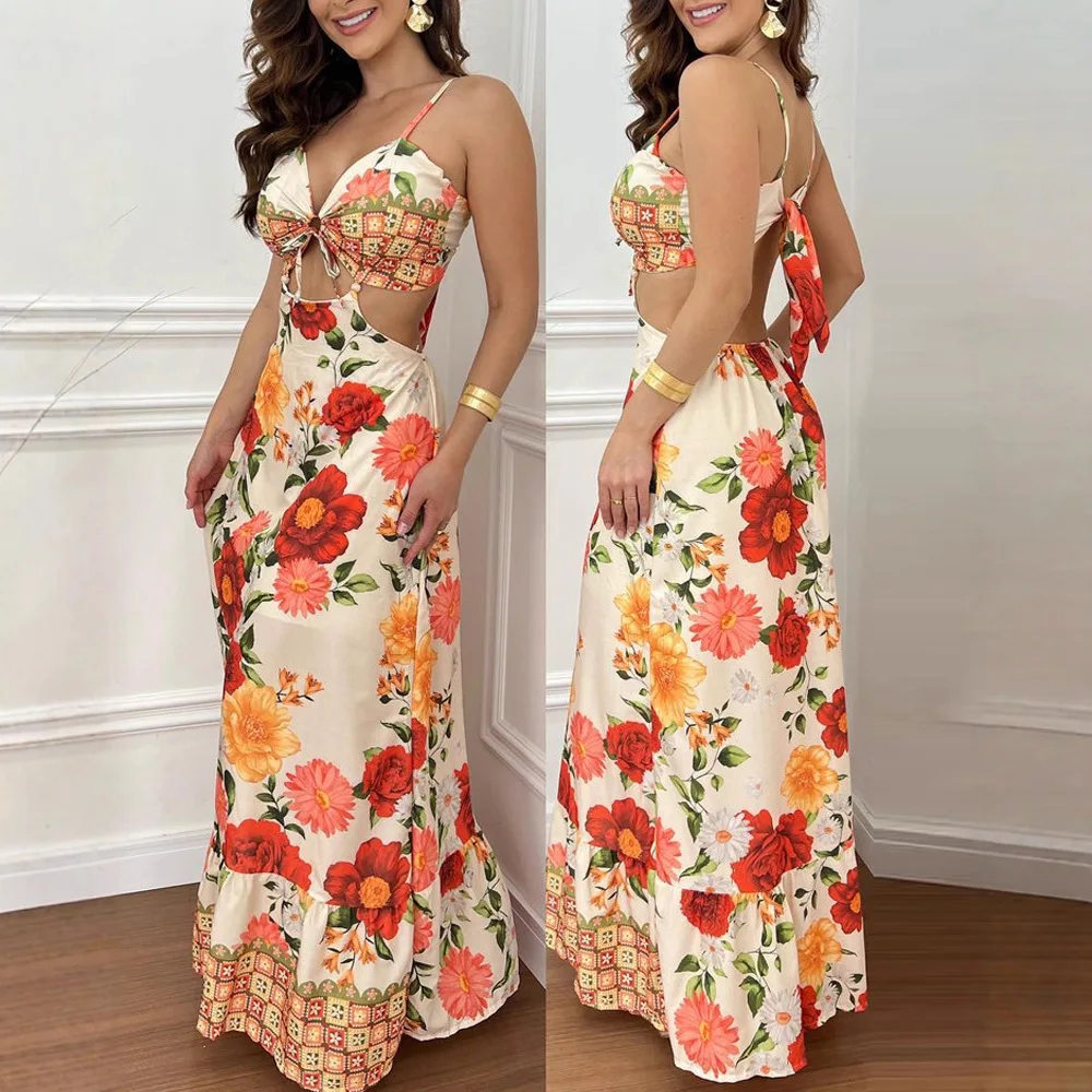 Women High Waist Long Floral Print V Neck Spaghetti Strap Lace Up Dress Sexy Waist Hollow Out Maxi Dress