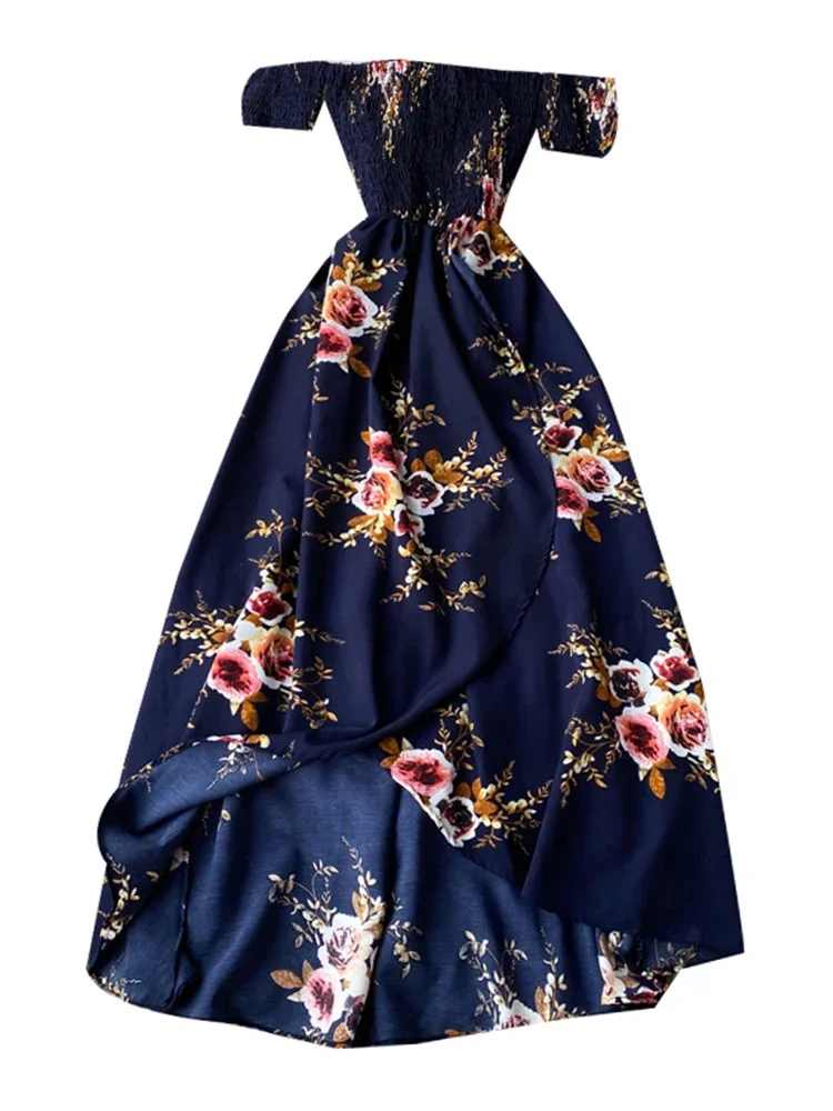 Summer Women\'s Irregular Slit Print Floral Long Dress One-way Neck Strapless Chest Wrap Short Sleeve Dresses LL006
