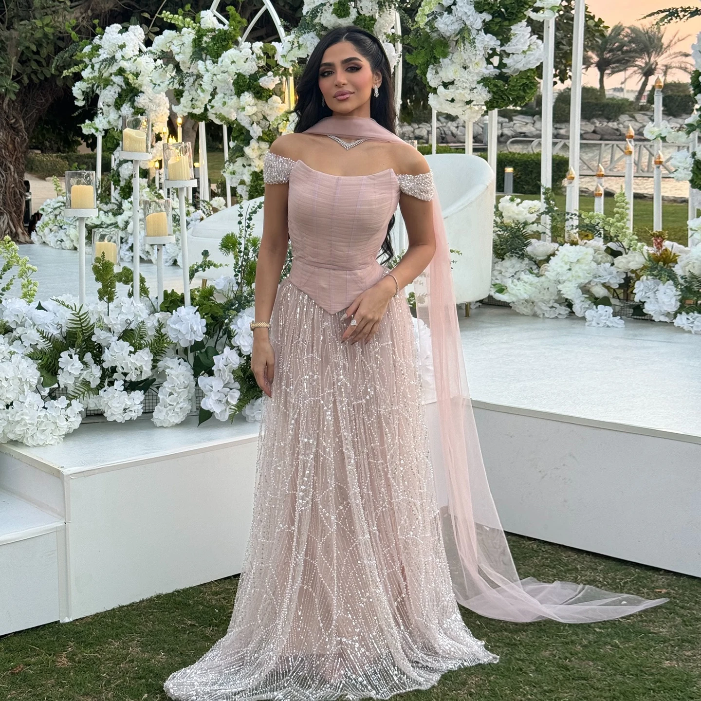 

Sharon Said Romantic Blush Pink Off Shoulder Evening Dress with Scarf Luxury Beaded Dubai Women Wedding Party SS766 Customized