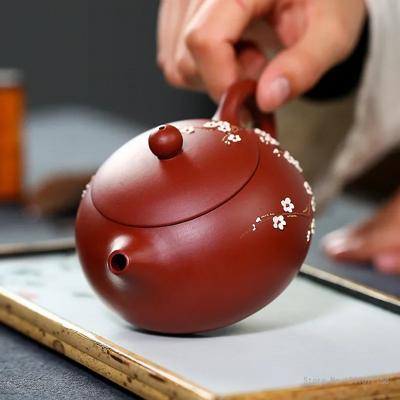 

Chinese Style Plum Blossom Pattern Teapot, Purple Clay Raw ore Dahongpao, Kung Fu Household, Handmade, 250ml Xishi Pot, New, 1Pc