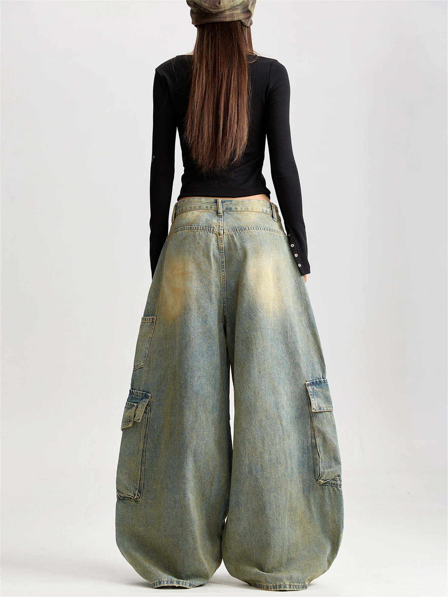 Calça jeans feminina cintura alta perna larga vintage lavada cargo angustiada rasgada multi-bolso com alças y2k streetwear calças jeans