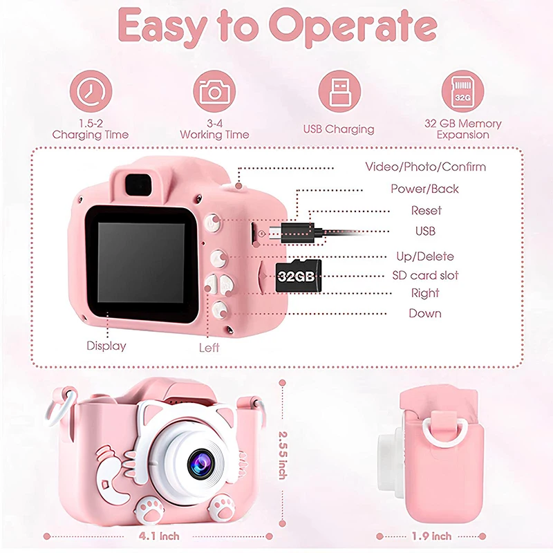 Mini appareil photo numérique pour enfants, jouets pour enfants, dessin animé vidéo, housse en silicone souple, carte SD 32 Go, garçon, fille, cadeau de Noël