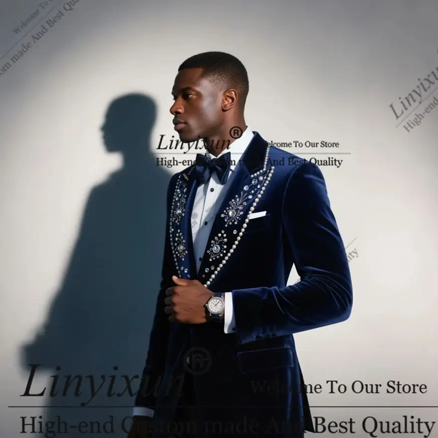 

Fashion Bead Crystals Men Suits Peaked Lapel Groom Tuxedos Customized trajes para hombre 2 Pieces Sets Wedding Male Prom Blazer