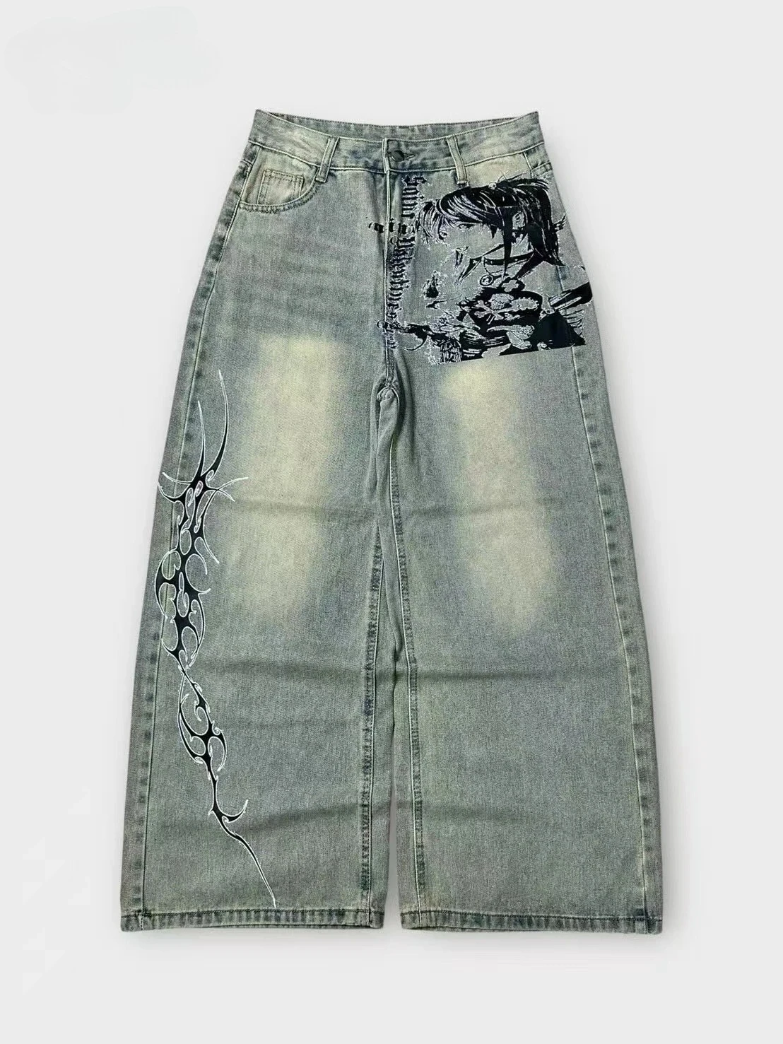 

Y2K Vintage Print Baggy Jeans Unisex Harajuku Streetwear Wide Leg Denim Pants Anime Graphic Hip Hop Loose Fit