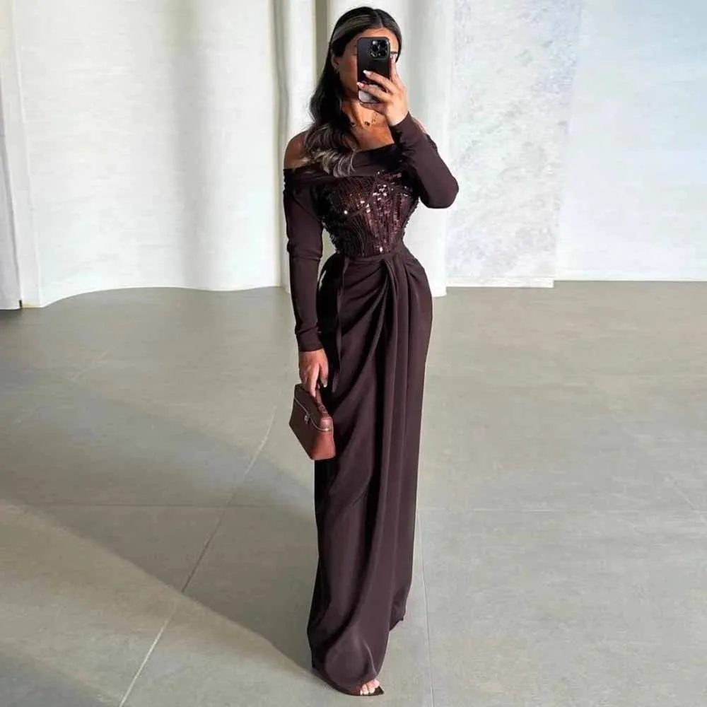 

Luxury Evening Dress 2025 Sheath/Column Spandex Celebrity Dress Brown Off-the-shoulder Sequined Pleat Bespoke Occasion Gown Long