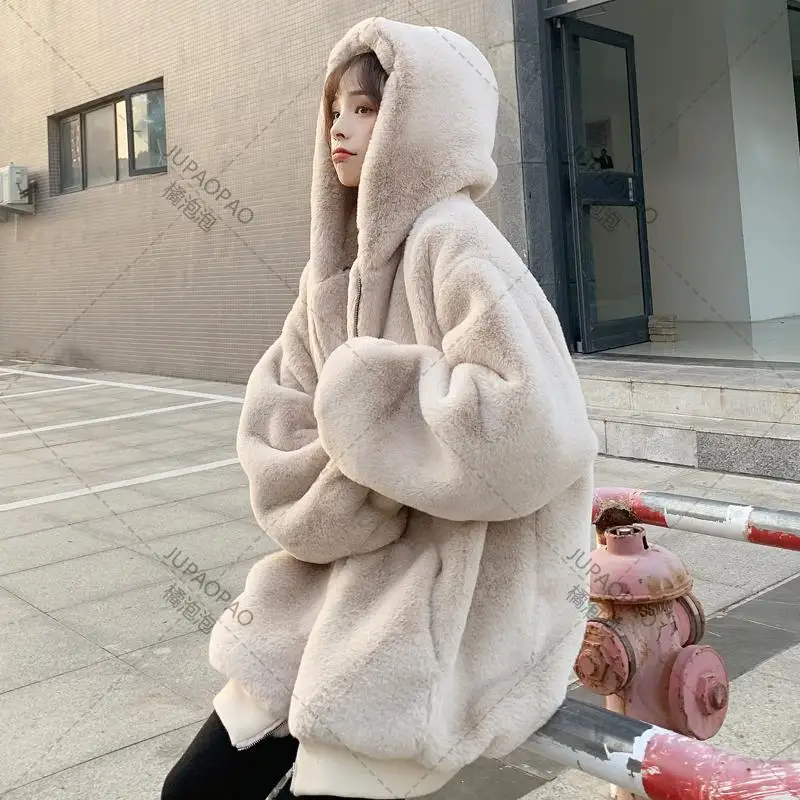 

Plush Jacket Women Winter Imitation Rex Rabbit Fur Grass Mid-length Large Size Loose Thick Hooded Women Jacket 2024 Ins Hot Sale