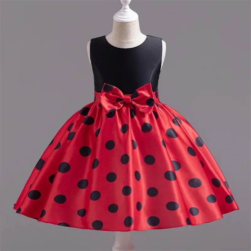 New Kids Girls Dress Polka Dot Sleeveless Dress for 3-8Y Children Bow Birthday Party Princess Dresses Summer Minni Mouse Clothes