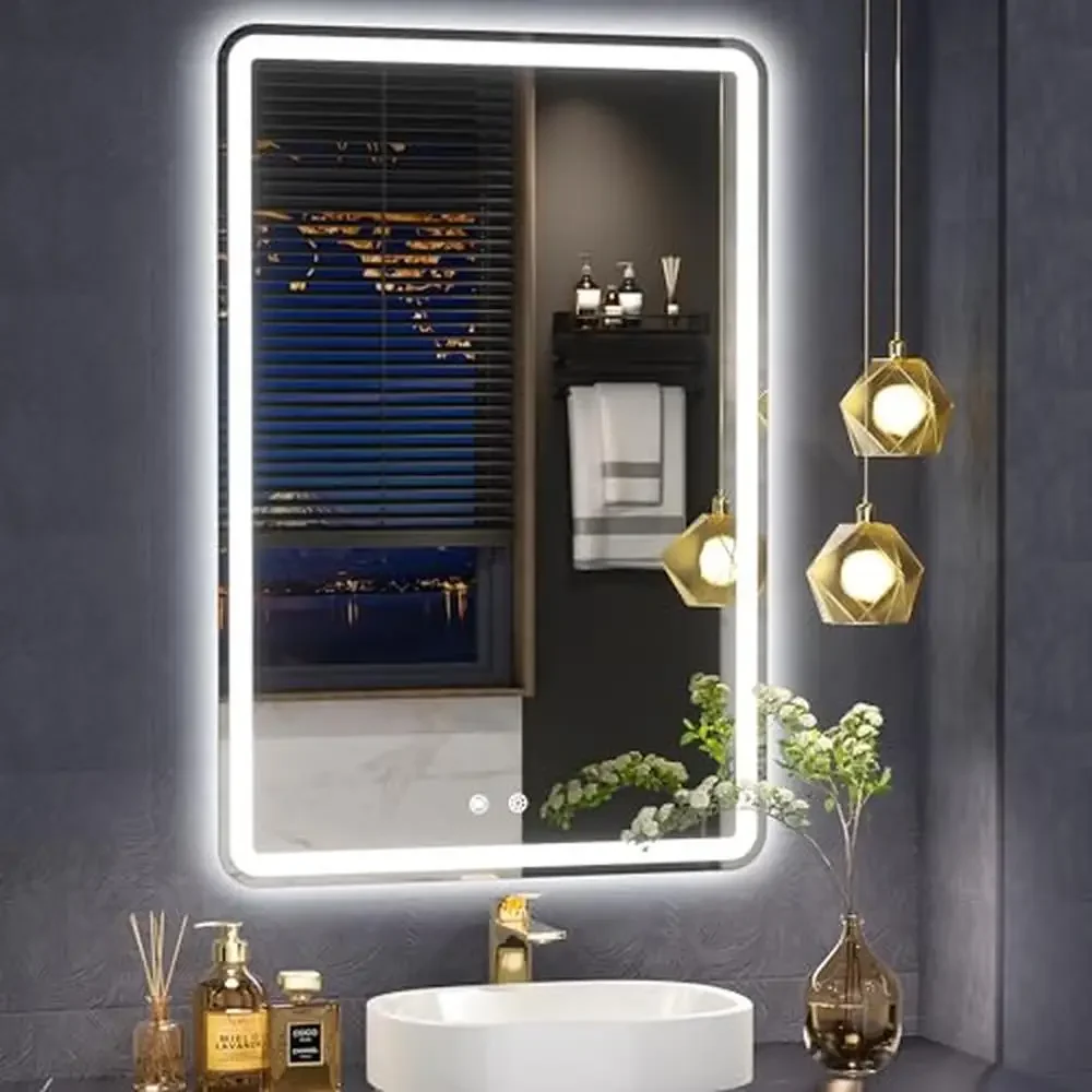 20x28in LED Frameless Round Corner Rectangle Bathroom Mirror 3 Colors Lighted Stepless Dimmable Vanity Mirror with Memory