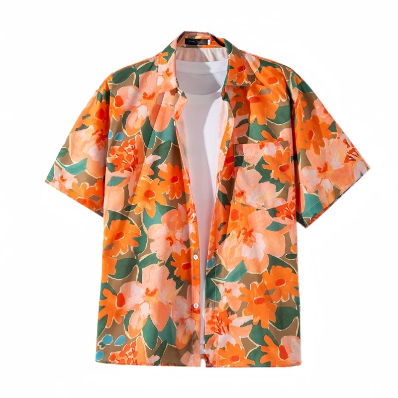 Men's Summer Seaside Vacation Loose Casual Short Sleeve Floral Shirt Handsome Versatile Retro Hawaiian Beach Shirt Coat