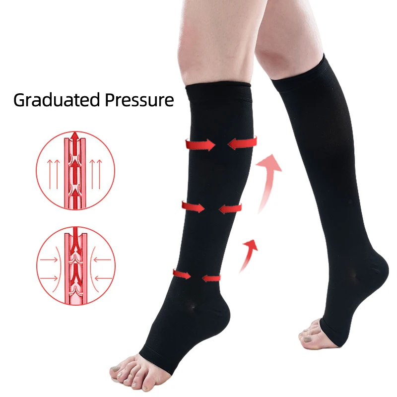 1 Pair Medical Compression Calf Sleeves 3 Levels Pressure Open Toe Breathable Varicose Vein Sports Running Socks 30-40 mmHg