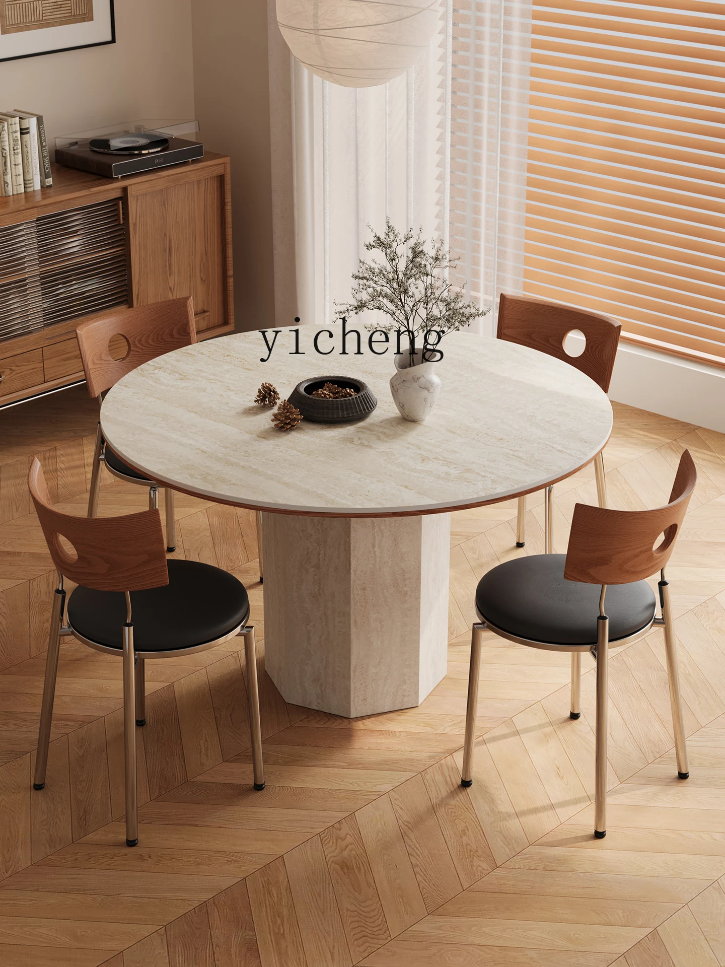 LSL طاولة مستديرة خمر لوحة حجر الترافرتين غرفة المعيشة طاولة طعام وكرسي مجموعة للمنزل شقة صغيرة