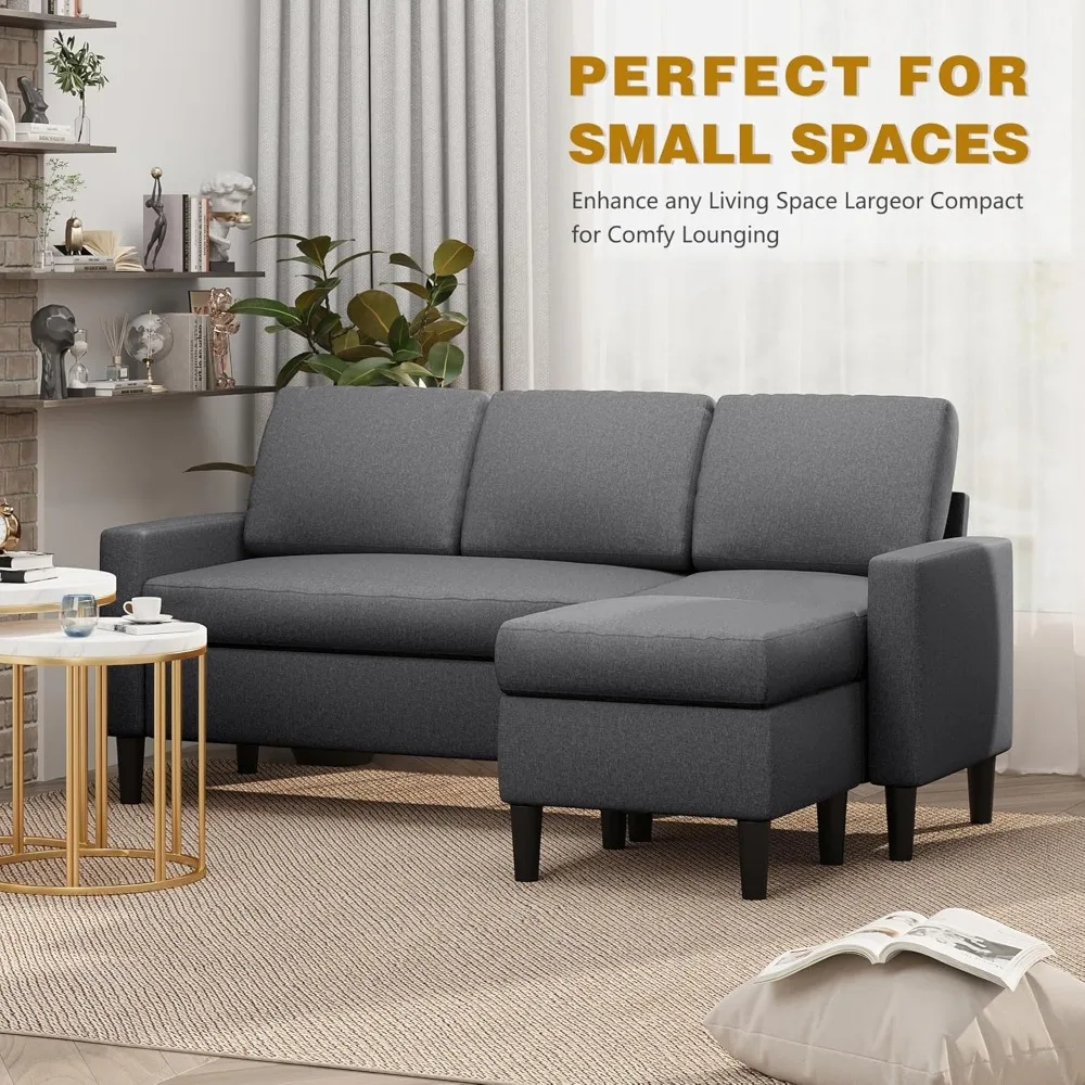 Convertible Sectional Sofa Couch, with Modern Linen Fabric Upholstered, Space-Saving Sofa with Reversible Chaise for Living Room