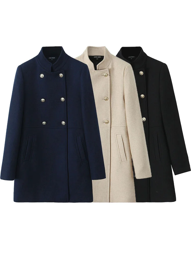 

HH TRAF 2024 Woman High Street Coats Black Stand Collar Pockets Button Decorate Double Breasted 3 Color Winter Coat Woman Trendy