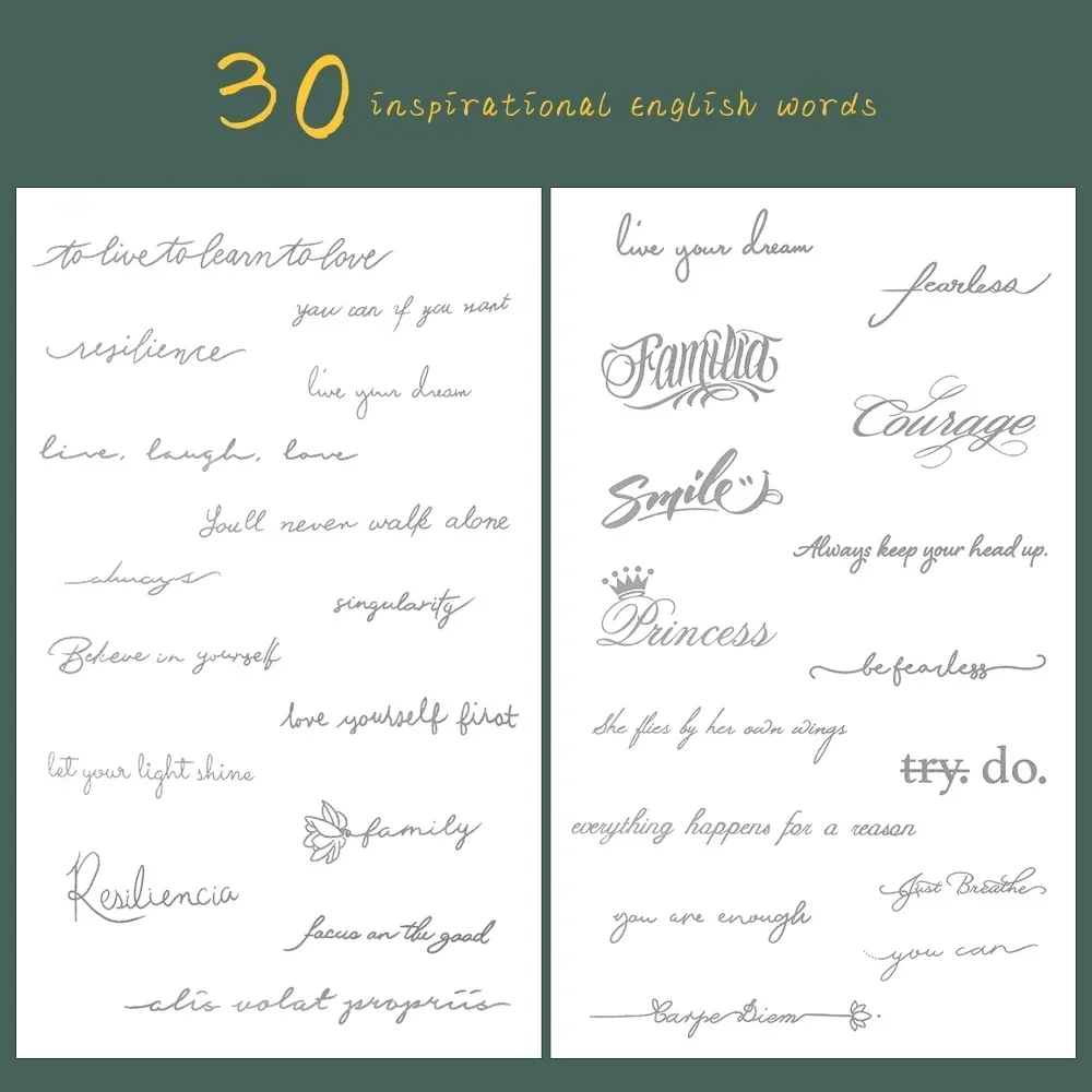 30 вдохновляющих тату-наклеек, временные водонепроницаемые боди-арт, Английский алфавит, искусственные татуировки для женщин, полуперманентные искусственные татуировки