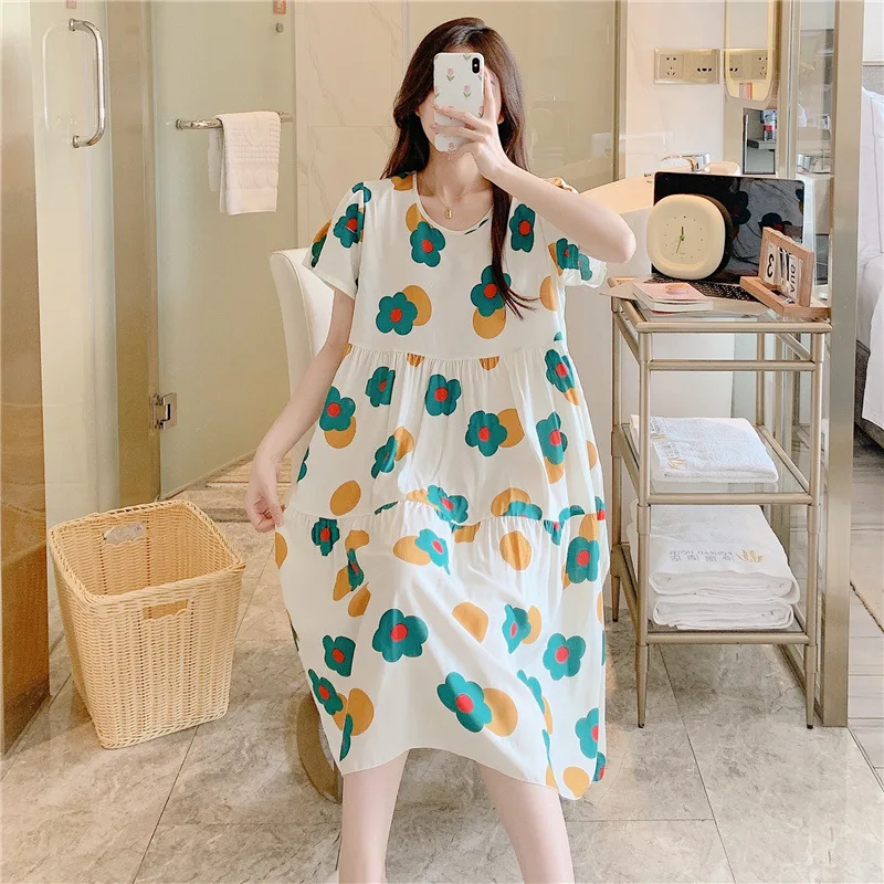 Summer Ladies Cotton Silk Nightgown Female Spring and Autumn Leisure Short-Sleeved Large Size Pajamas Thin Section Homewear