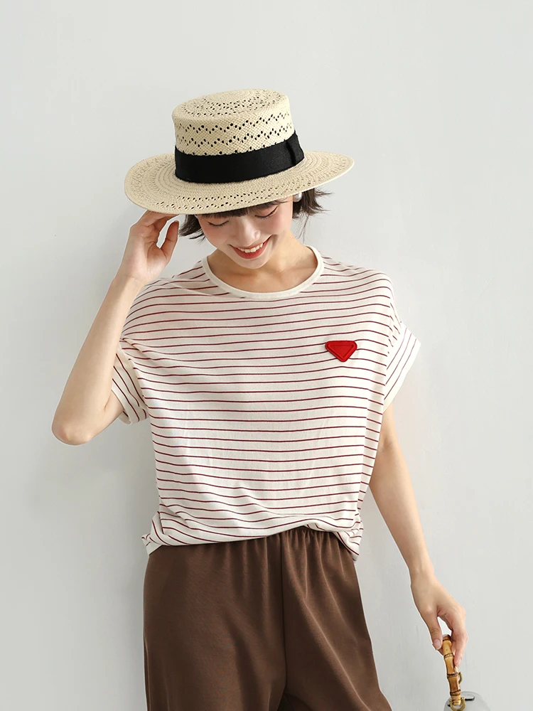 

Дышащий шелковый классический полосатый трикотажный топ с коротким рукавом, свободного кроя, женский летний повседневный топ с круглым вырезом