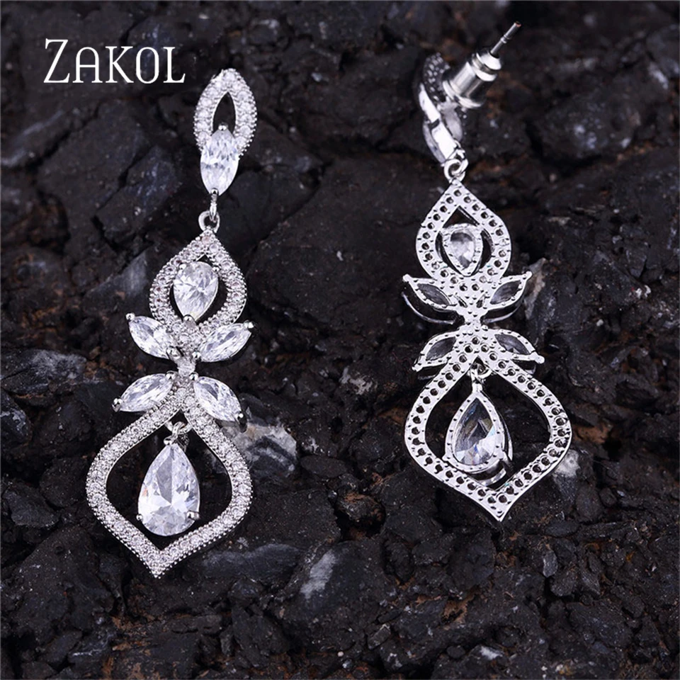 ZAKOL New Heart Zircon Pendant Earrings For Women Long Hollow Crystal Inlay Drop Earring Luxury Bridal Wedding Jewelry Gifts