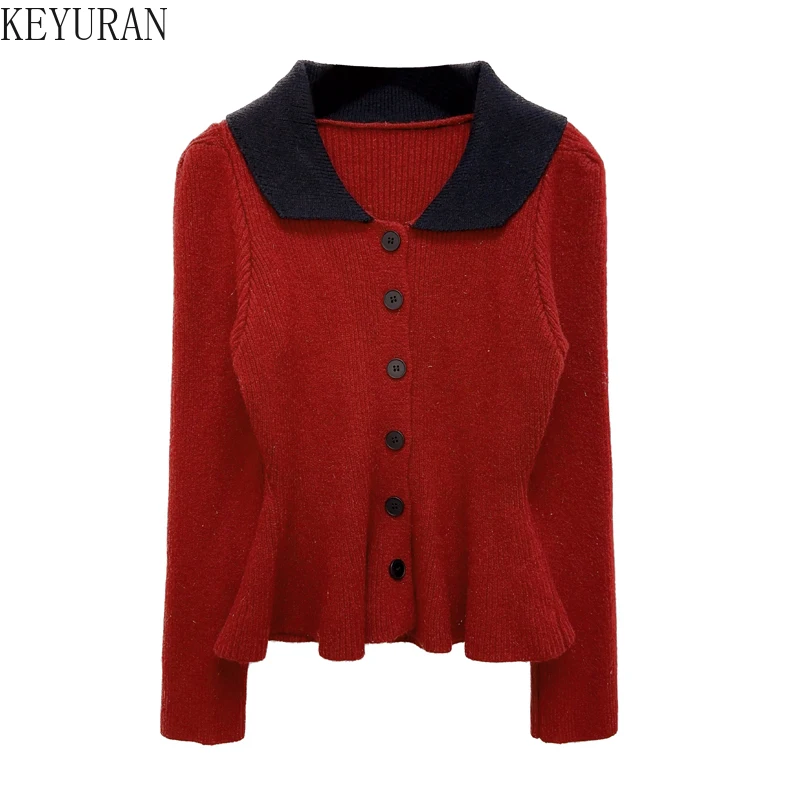 Contrast Color Laple Sweaters Women Clothes 2024 Spring Autumn Vintage Long Sleeve Slim Fish Knitted Cardigan Jumper Tops Femme