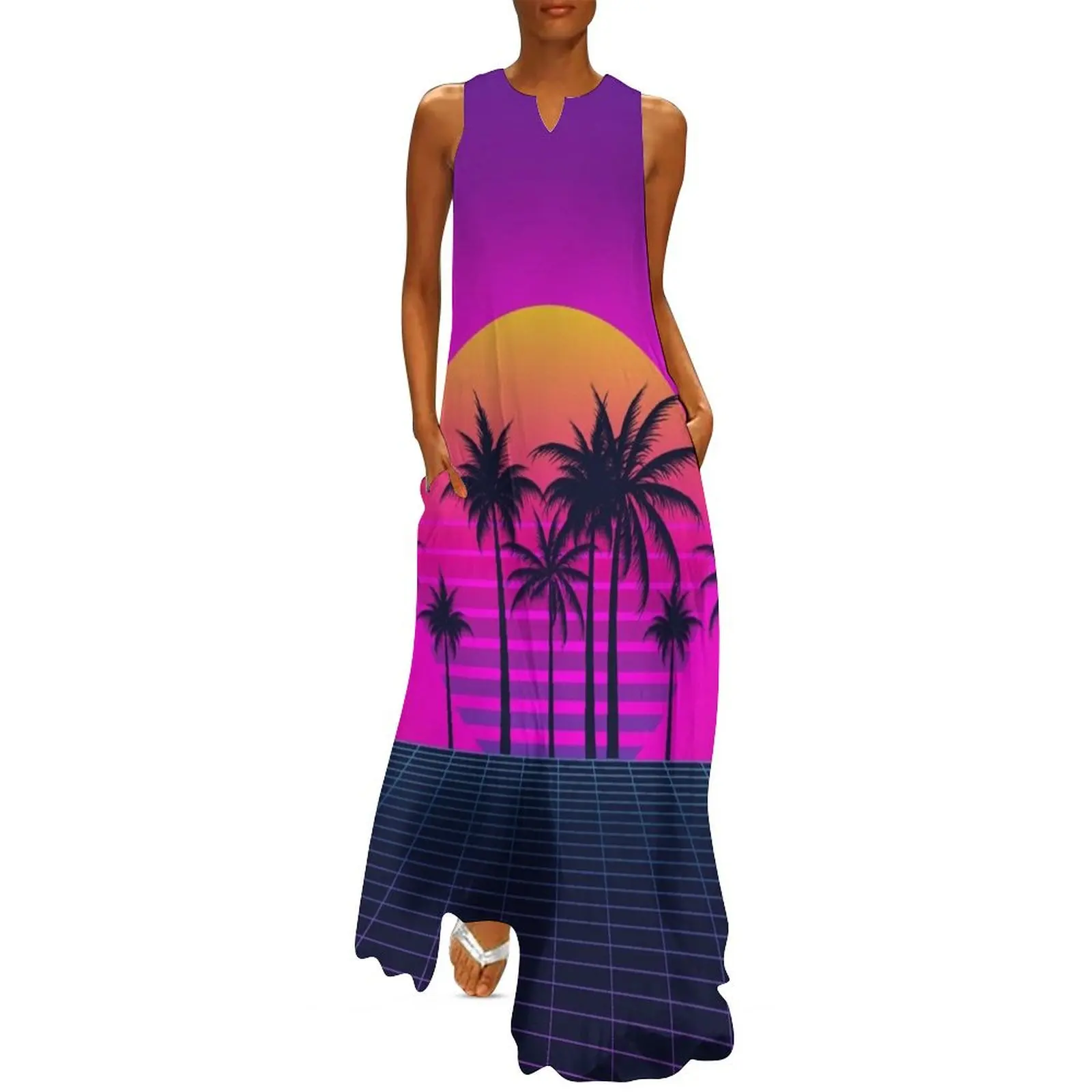 

Retrowave Sunset and Palm Trees Long Dress Party dresses for women dress for women