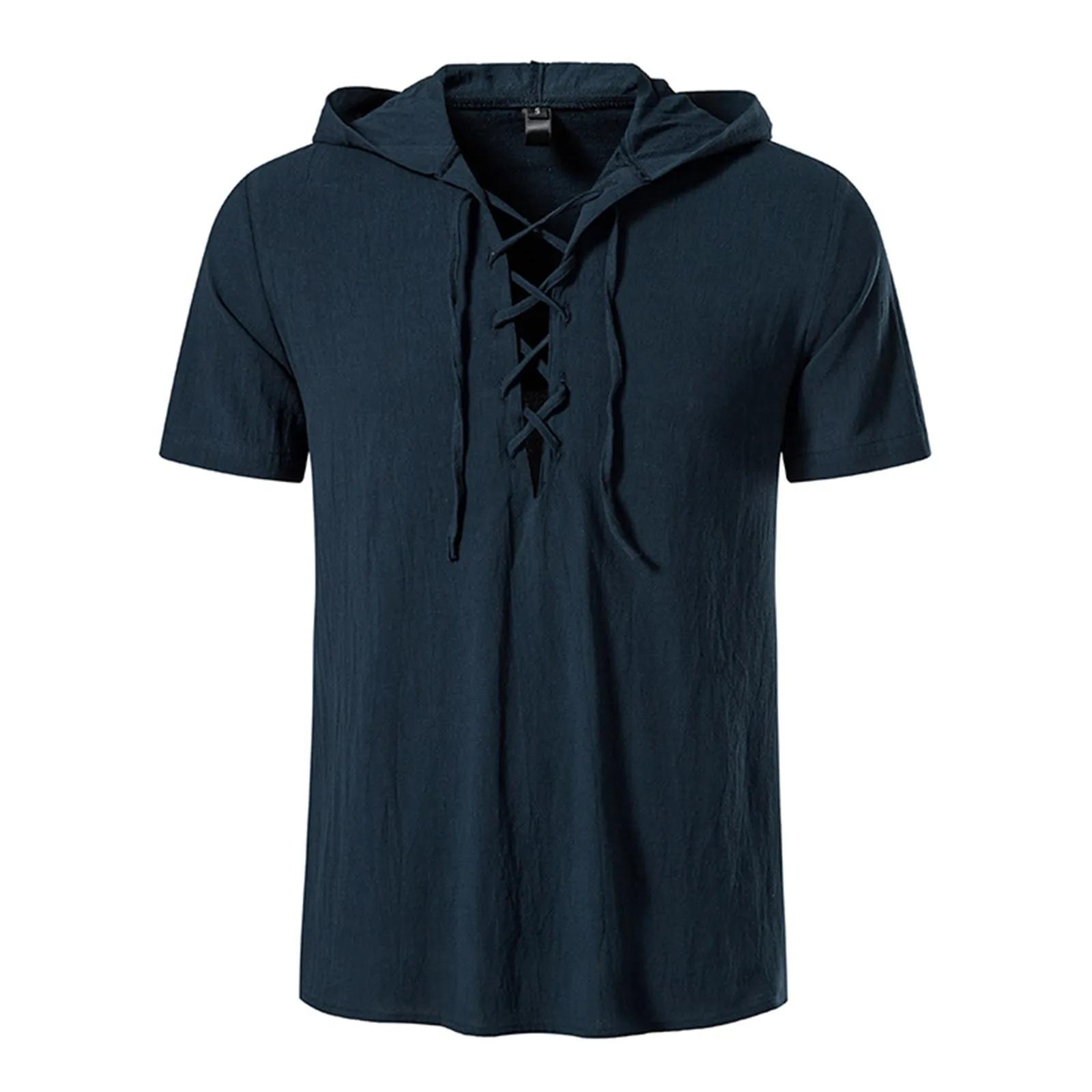 Cotton Linen Men's Hooded Shirts Short-sleeve Linen Shirts Summer Retro Lace Up Collar Tops Casual Beach Style Blouse For Men