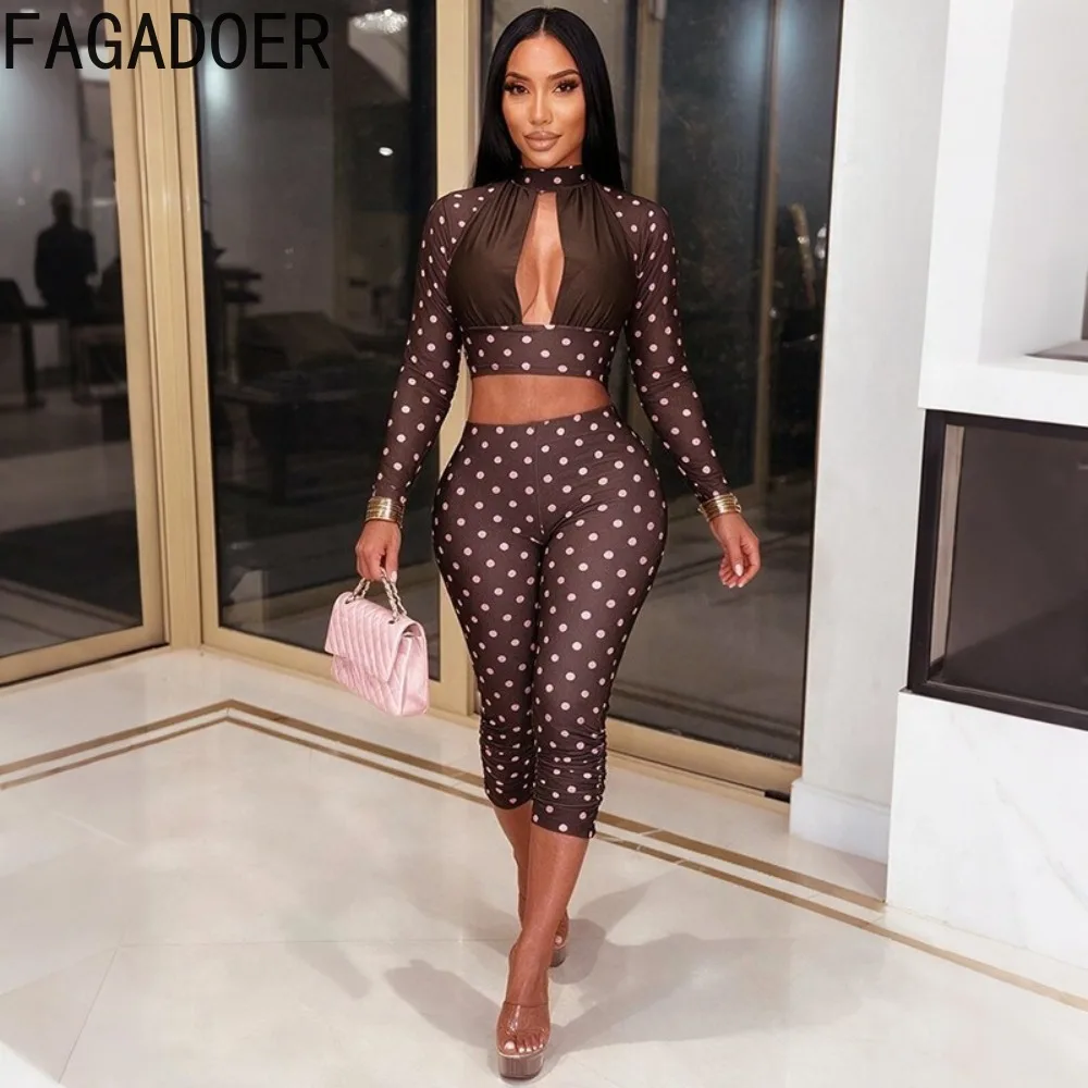 FAGADOER Women Polka Dot Matching Set Long Sleeve Crop Top High Waist Bodycon Capri Pants Sexy Y2K Club Party Going Out Outfit