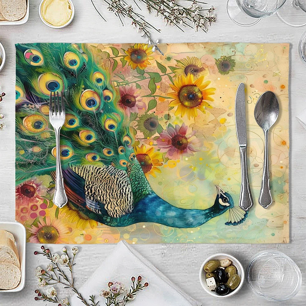 

1PC Colorful Peacock Linen Meal Mat Decoration for Halloween Dining Atmosphere Placemats Protect A Desktop