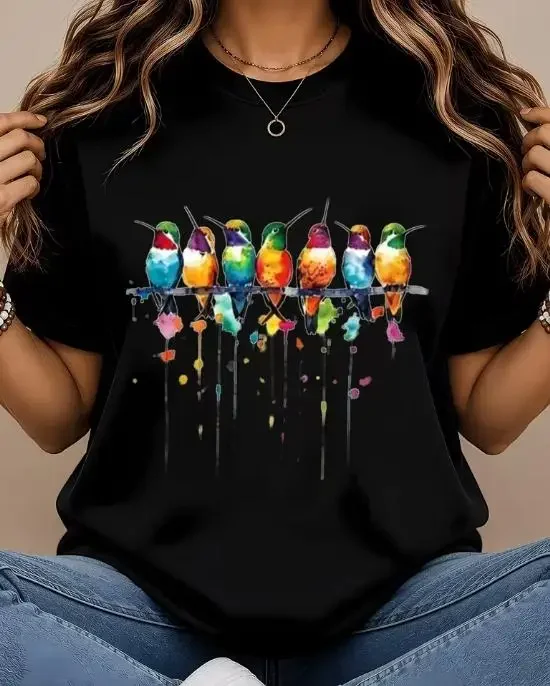 2026 Women 3-Pack Cottagecore Aesthetic Summer T-Shirt Multipack, Watercolor Art Colorful Hummingbird & Bird Graphic Print, Crew Neck Short Sleeve Soft Casual Female Tops, Ideal For Nature Lover Daily & Garden Outfit