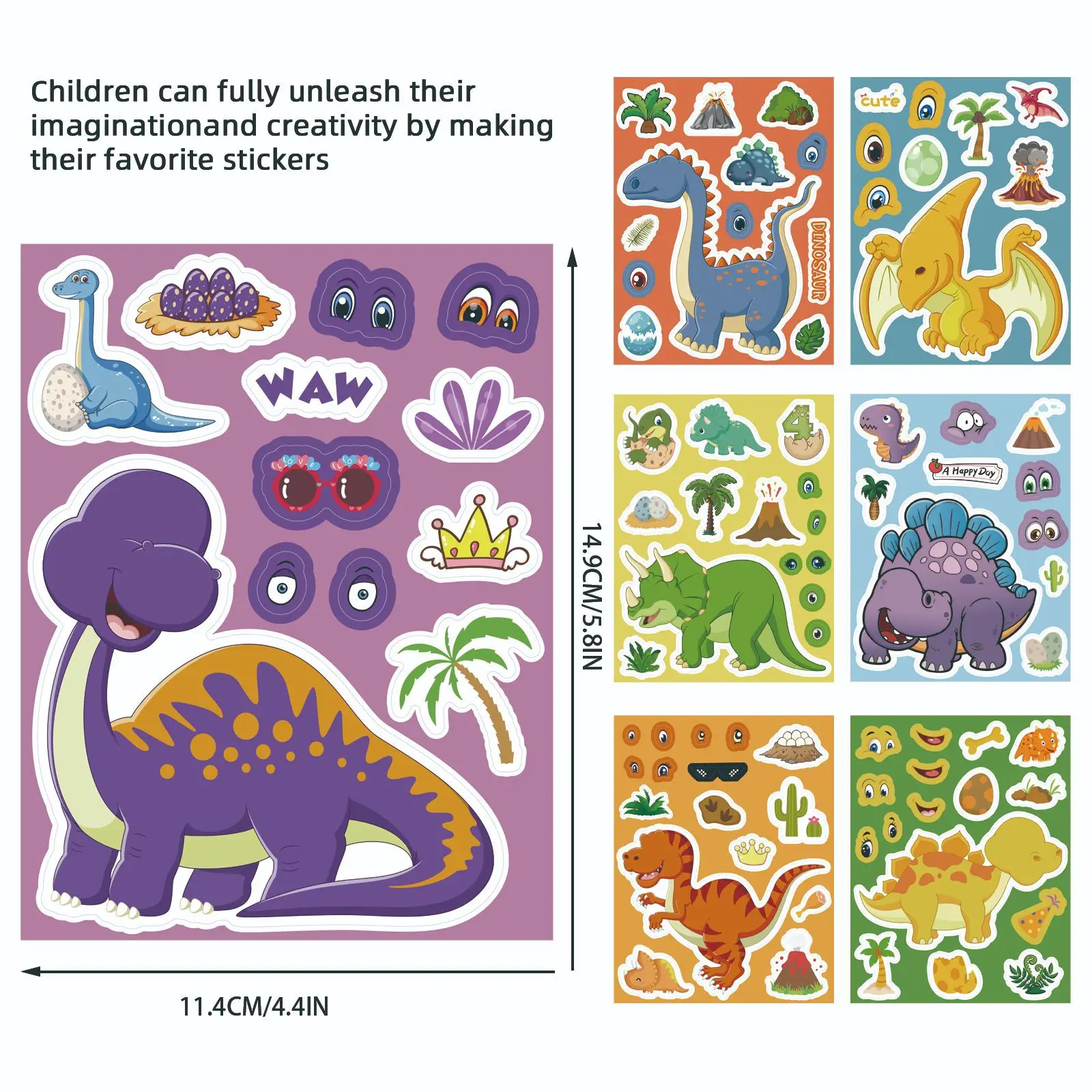 8 Sheets Cute Dinosaur Puzzle Stickers Make a Face Decals Stickers For Notebook Phone Laptop DIY Decoration Waterproof Stickers