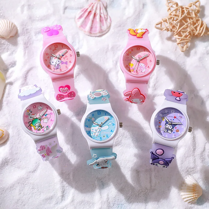 Sanrio 3D Pattern Child Wrist Watch Hello Kitty Cinnamoroll Quartz Watch Kuromi Kawaii Cartoon Silica Gel Watchband Kids Gift