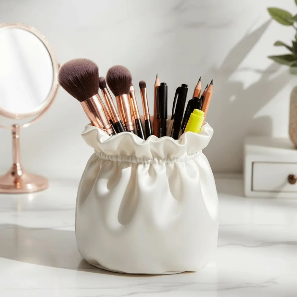 3D Printed Desktop Organizer Bucket Soft Pink Satin Texture Pen Holder Luxury Large Capacity Storage Container Desk Decor
