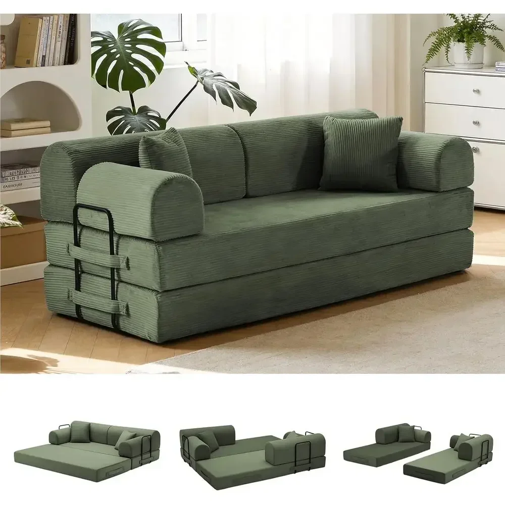 6-in-1 Convertible Sofa Bed, Corduroy Sleeper Couch with Removable Armrests, Pillows, No Assembly - Light Green