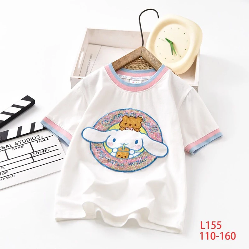 

Girls 2024 T-Shirt Cinnamoroll Series Kawaii Anime Print Short Sleeve Summer Sweet Cute Sequin Clothes Korean Tide Gift for Kid