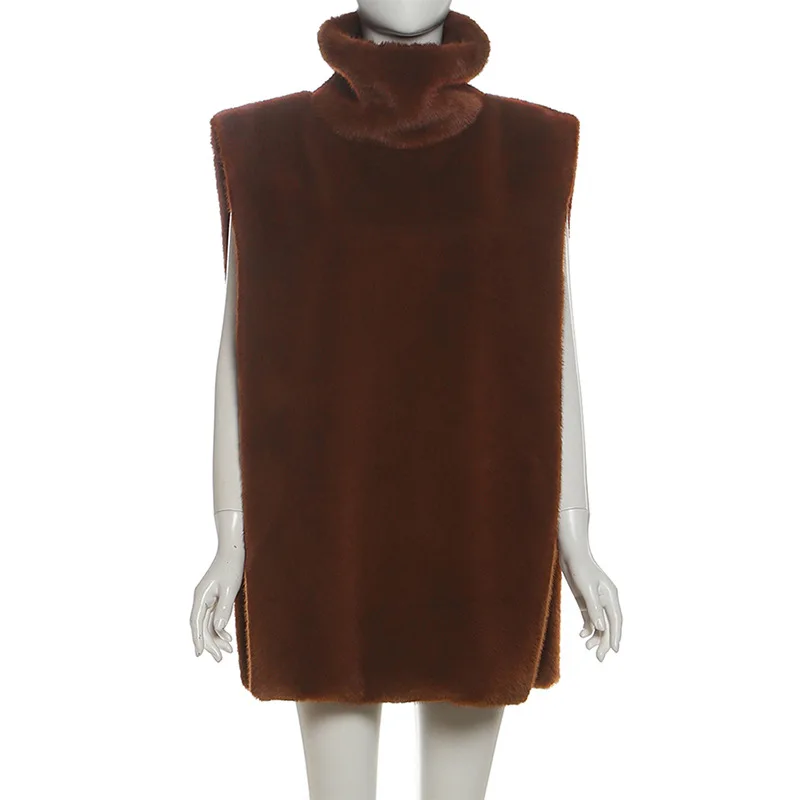 فروي سترة دون أكمام أزياء المرأة فو الفراء تانك الأعلى عالية الرقبة الجانب الشق الدافئة مريحة أعلى عيد الميلاد حزب الشارع الشهير #6