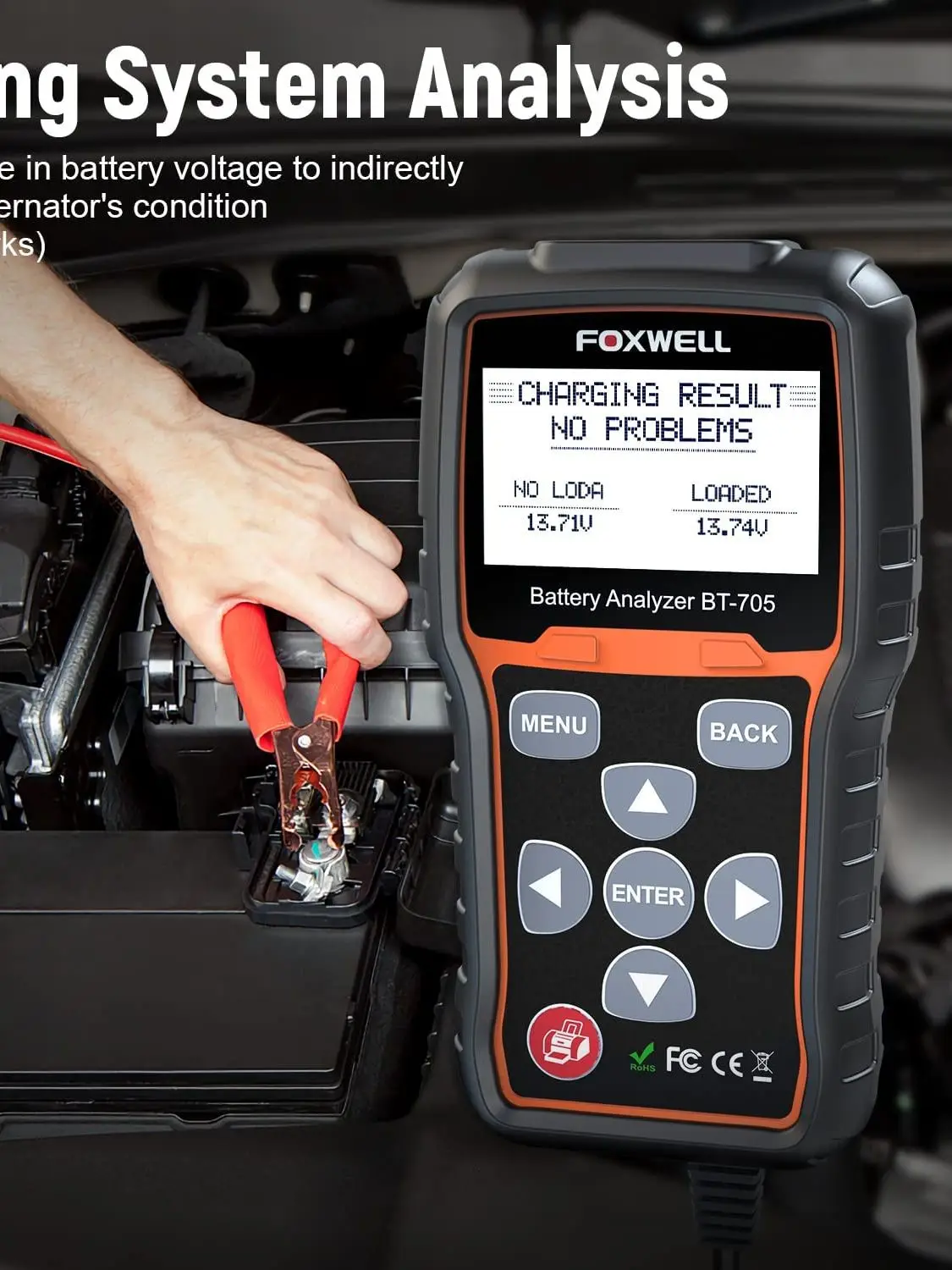 FOXWELL BT705 Car Battery Tester 12v 24v Heavy Duty Truck Cranking Charging System Check 100-2000CCA Battery Load Analyzer