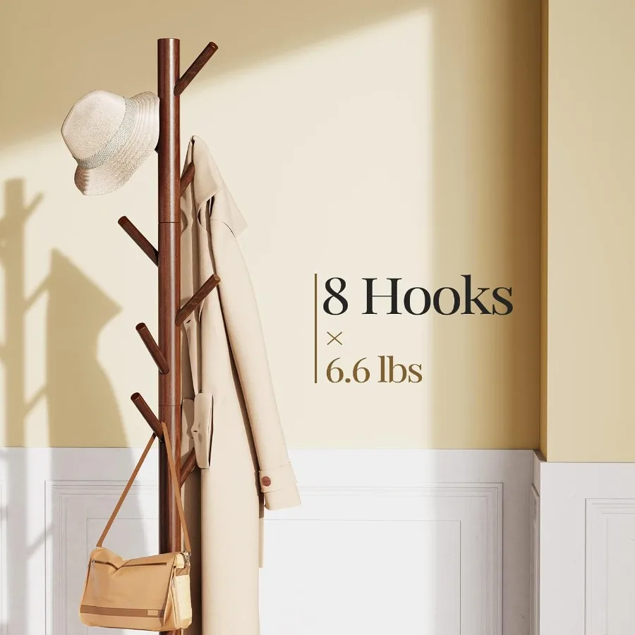 Sturdy Wooden Coat Tree with 8 Hooks and 3 Adjustable Height Settings Ideal for Organizing Clothes Hats and Accessories in Bedr
