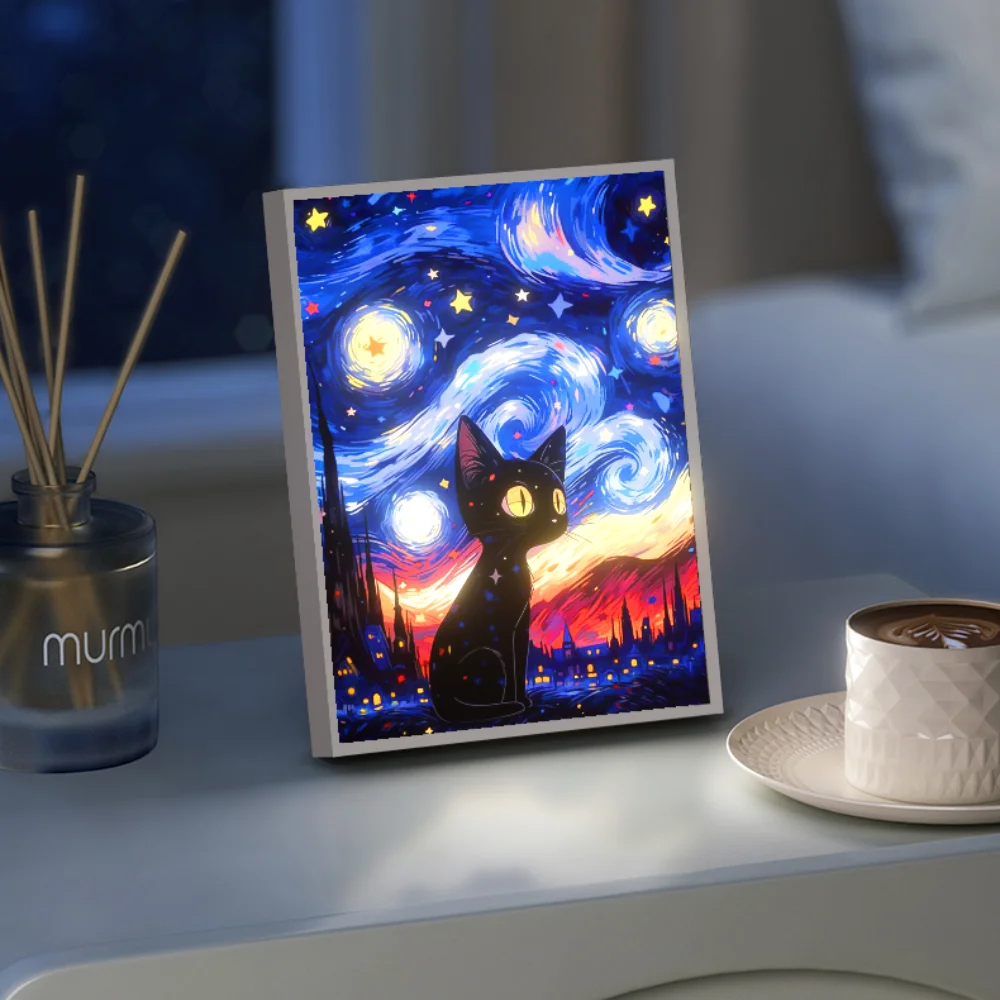 Van Gogh starry night light kitten,romantic art home decoration photo frame luminous painting,USB dimming cute table lamp gift