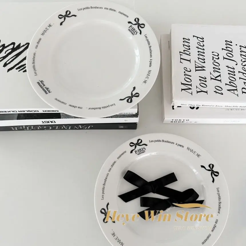 

French Letter Dessert Ceramic Plate, Black Bow Shaped Plate,Cake Plate, Home Breakfast Pasta with High Aesthetic Value