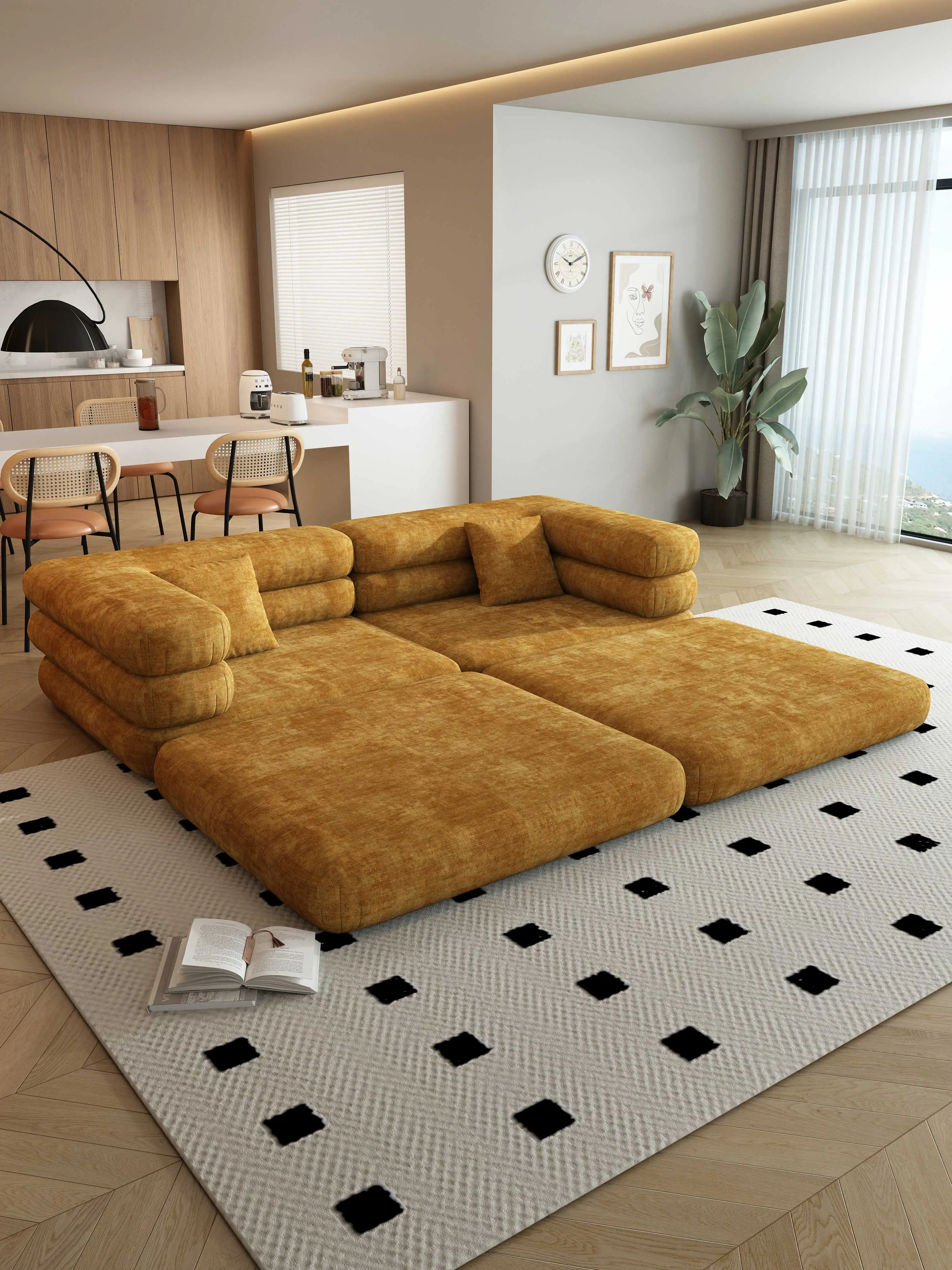 Living Rooms & Basements Sponge-Filled Two Seat Modular Sofa Bed with Velvet Fabric Modern Design